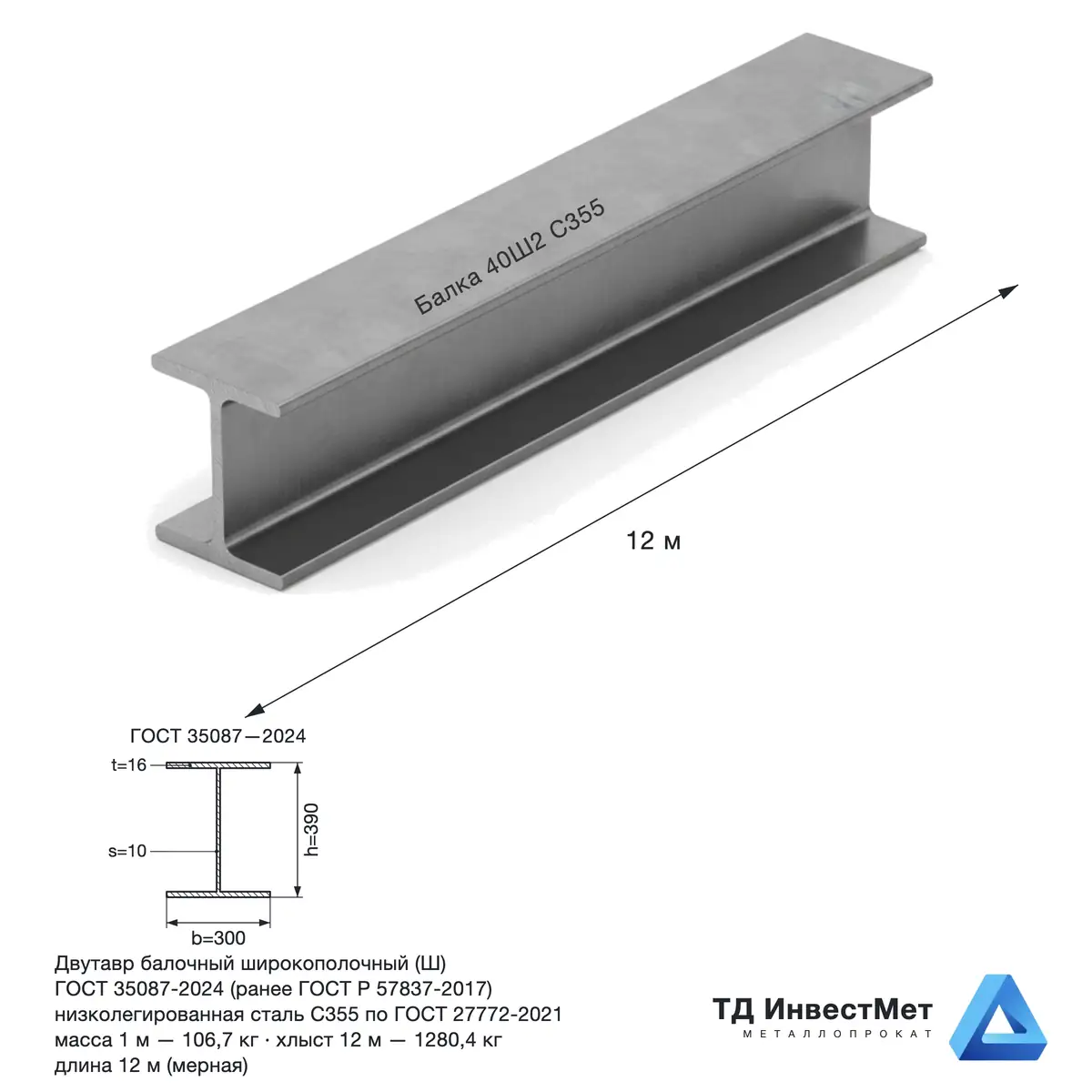 Балка низколегированная 40Ш2 ГОСТ 35087-2024 / ГОСТ Р 57837-2017 С355 12 м — купить в СПб со склада ИнвестМет