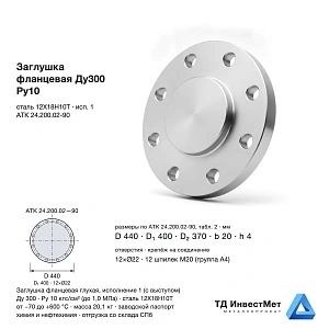 Заглушка фланцевая нержавеющая Ду300 Ру10 исп.1 Ст.12Х18Н10Т АТК 24.200.02.90