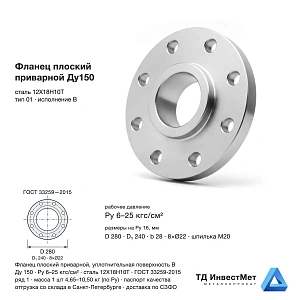 Фланец плоский приварной Ду150 12Х18Н10Т ГОСТ 33259-2015