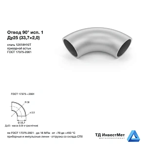 Отвод нержавеющий 90° исп.1 Ду25 (33,7×2,0) 12Х18Н10Т ГОСТ 17375
